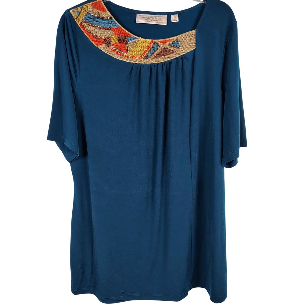 Womens 1X Simonton Says Tunic Top Teal Blue Beaded Geometric Boho Art to Wear